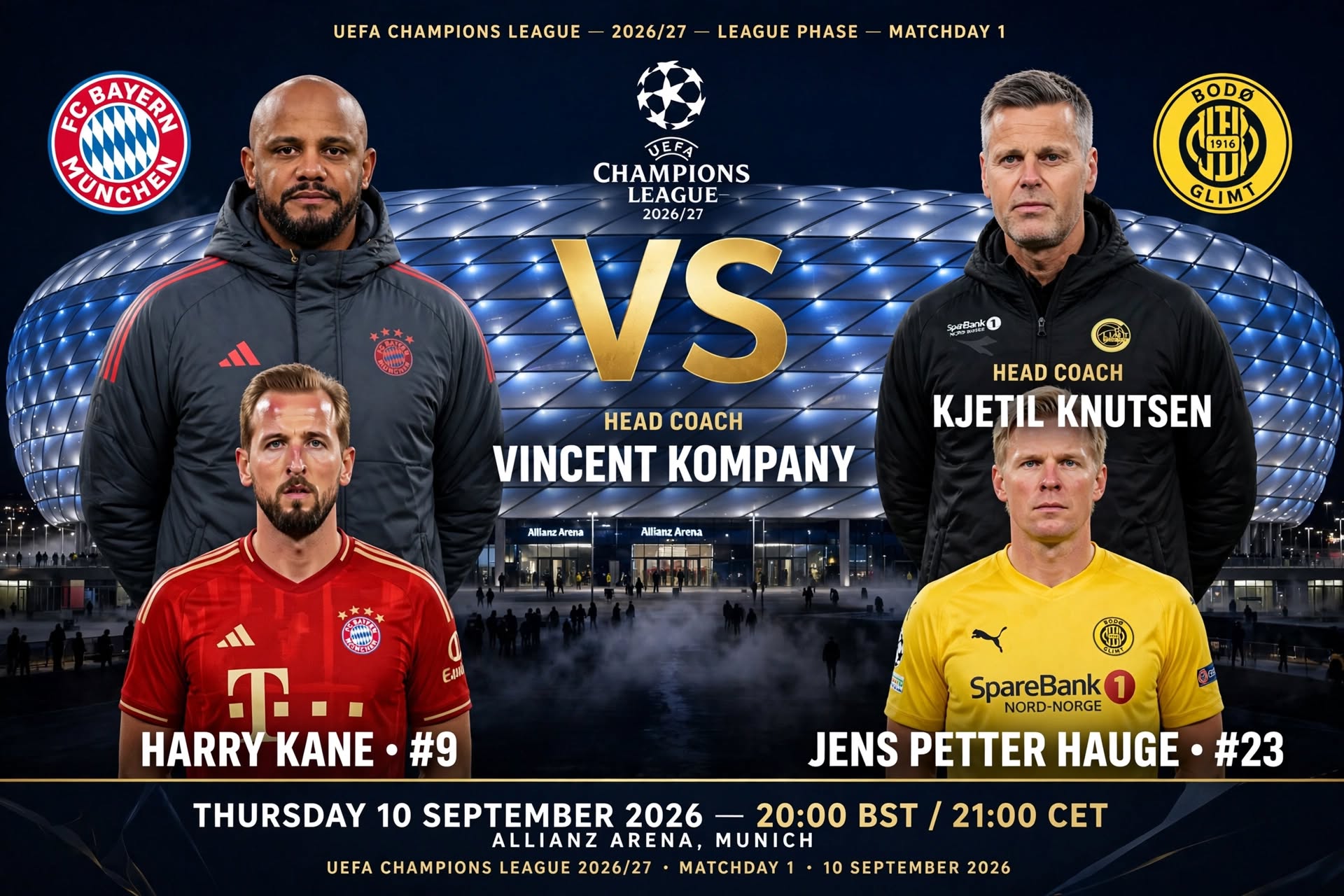 Bayern Munich vs Bodø/Glimt 2026-27 Champions League: First H2H, Form, Team News and Injuries