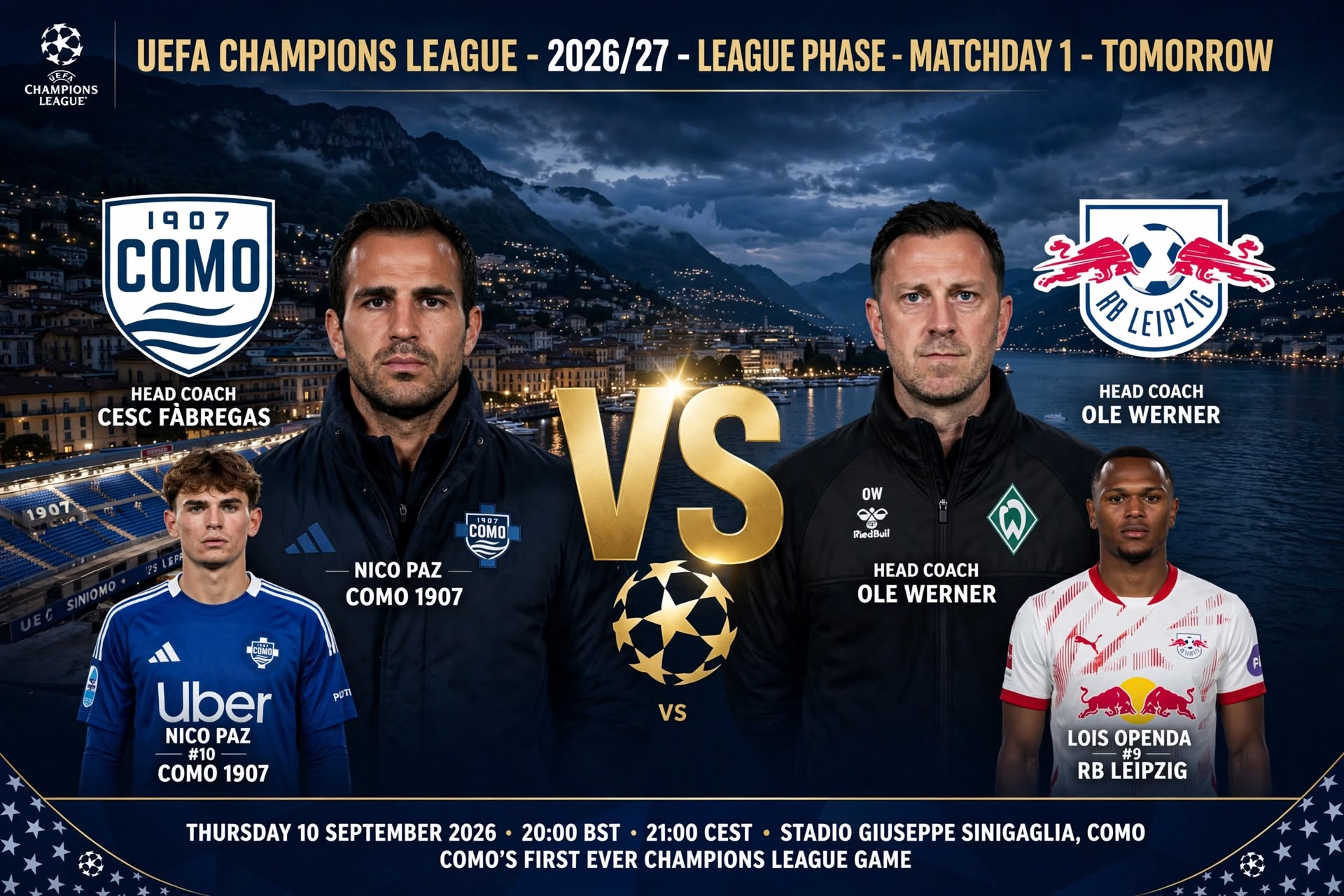 Como 1907 vs RB Leipzig 2026-27 Champions League: First H2H, Form, Team News and Injuries